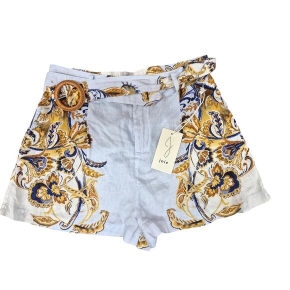 NWT Joie White Linen Shorts Italian Print high rise  removable belt Sz L - Picture 1 of 4